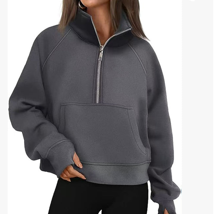 Dame Sporty Sweatpullover med halvdelskning og kængurulomme Stilla