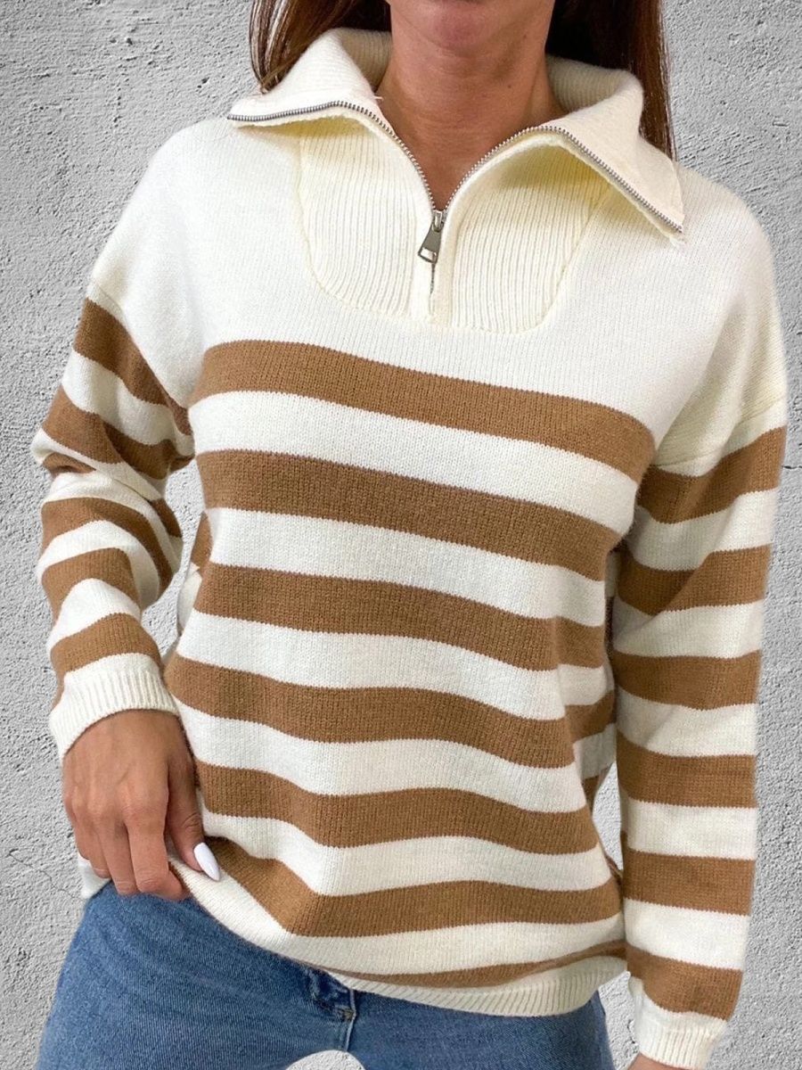 Dame mønstrede sweater med høj krave og lynlås Stilla