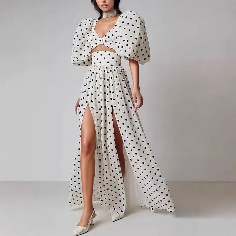 Femme Elegante Polka Dot To-dels Maxi Kjole med Puffærmer Stilla