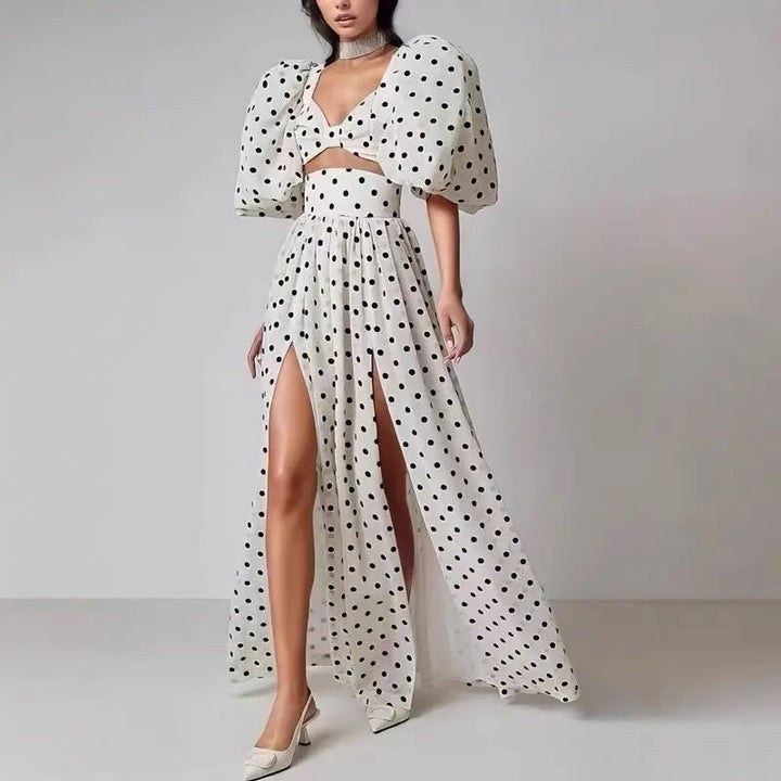 Femme Elegante Polka Dot To-dels Maxi Kjole med Puffærmer Stilla