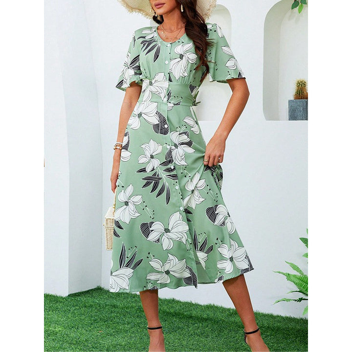 Dame Floral Trykt Midi-Kjole med Knap-Frontdetail Stilla