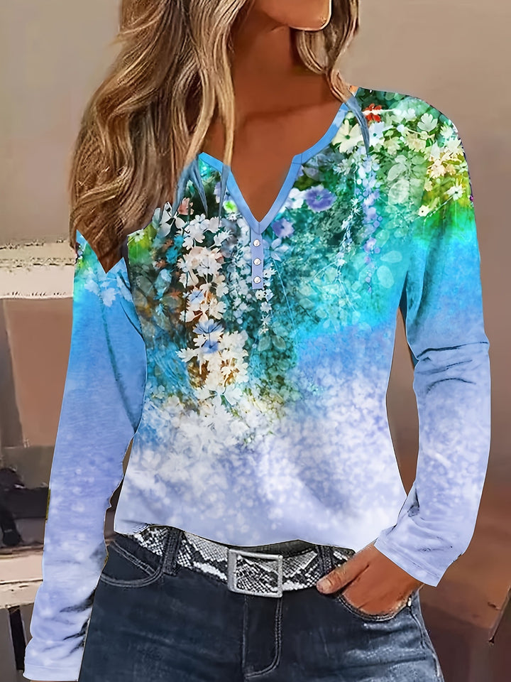 Dame Floral Langærmet T-shirt med Henley-udskæring og farvegradient Stilla