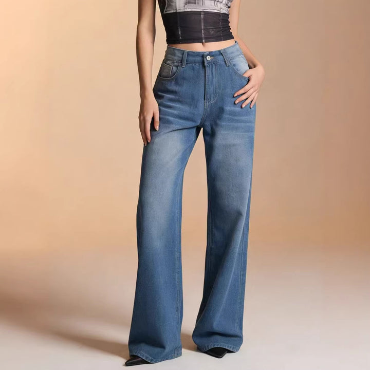 Dame bredde Denim-bukser med vintage-vask og høj talje Skovae