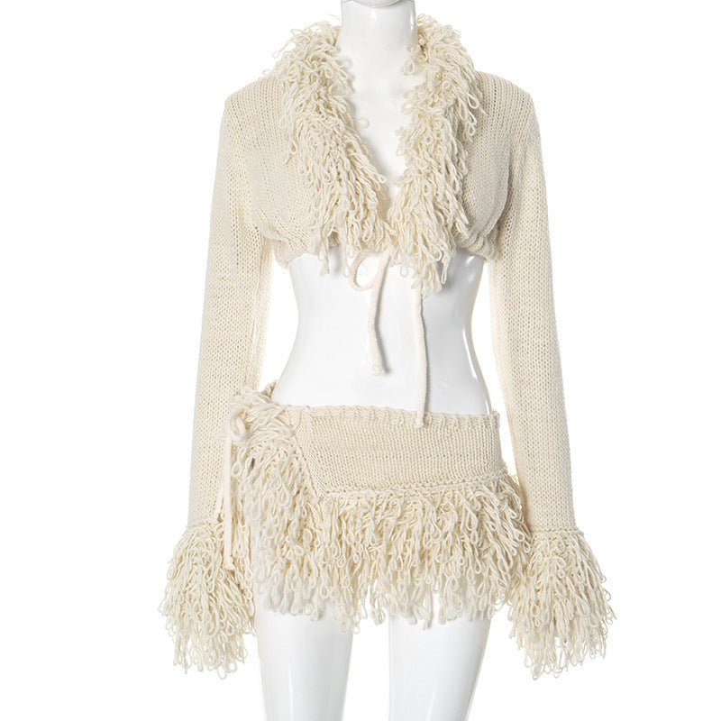 Femme Boho-Chic Tekstureret Strik Crop Cardigan og Mini Nederdel Sæt Stilla
