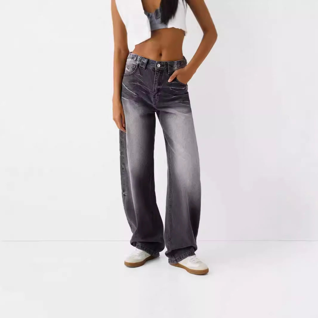 Dame baggy høj talje denim bukser med praktiske lommer Stilla