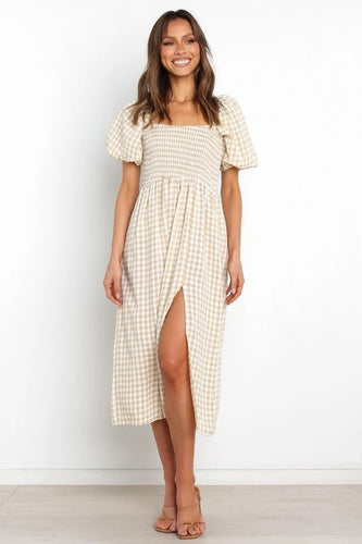 Dame Gingham Midi Kjole med rynket overdel og puffærmer Stilla