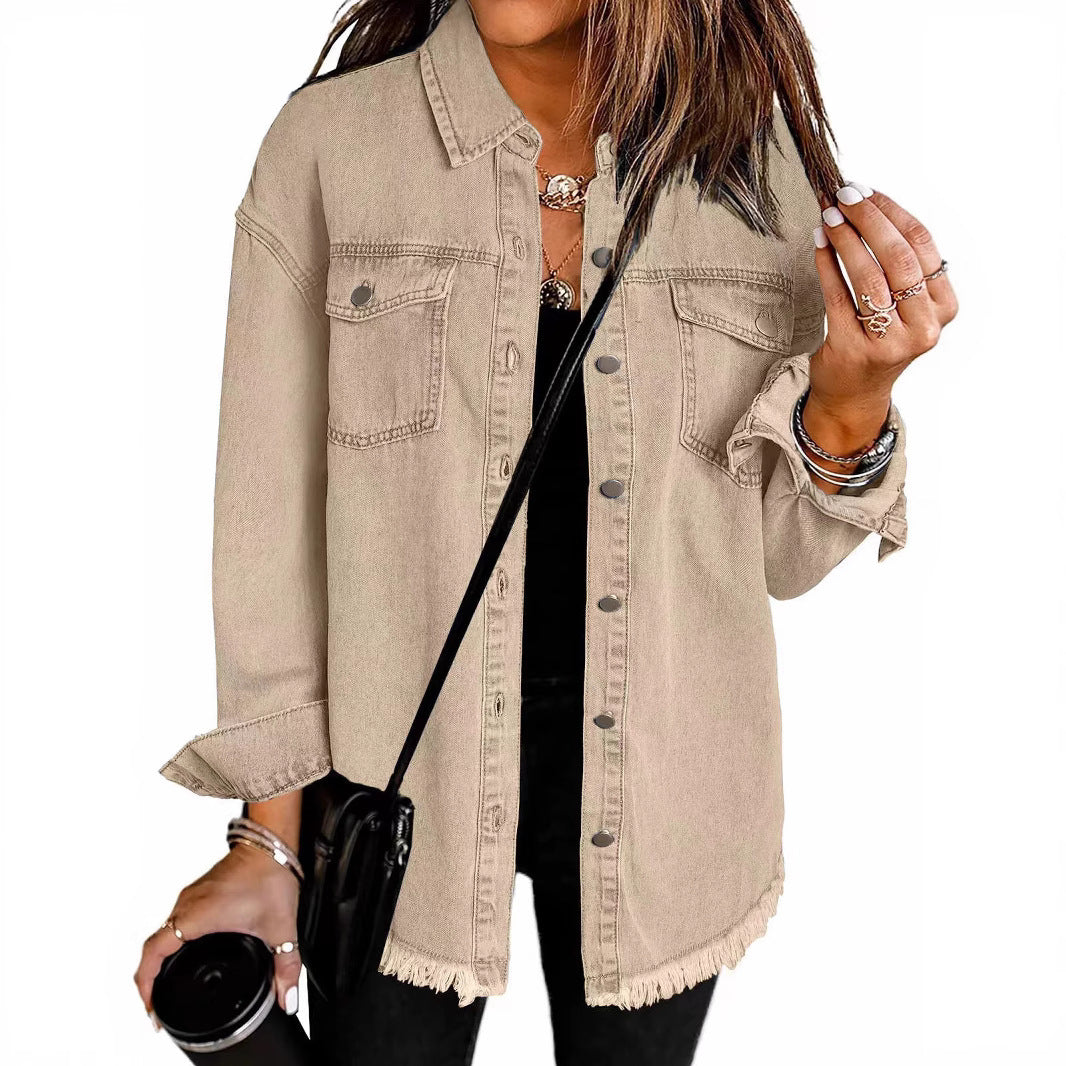 Dame Denim Skjortejakke i afslappet Oversized-stil med frynser Stilla
