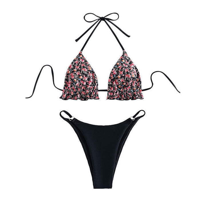 Dame trekant-bikini-sæt med blomster mønster og flæser