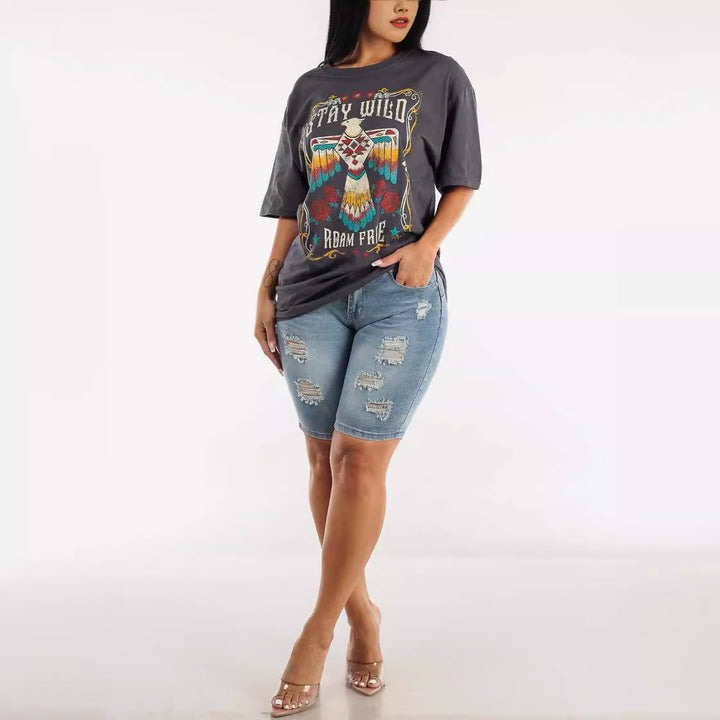 Dame Høj taljede Denim Shorts med moderne Distressed-detaljer og elastisk kant Stilla