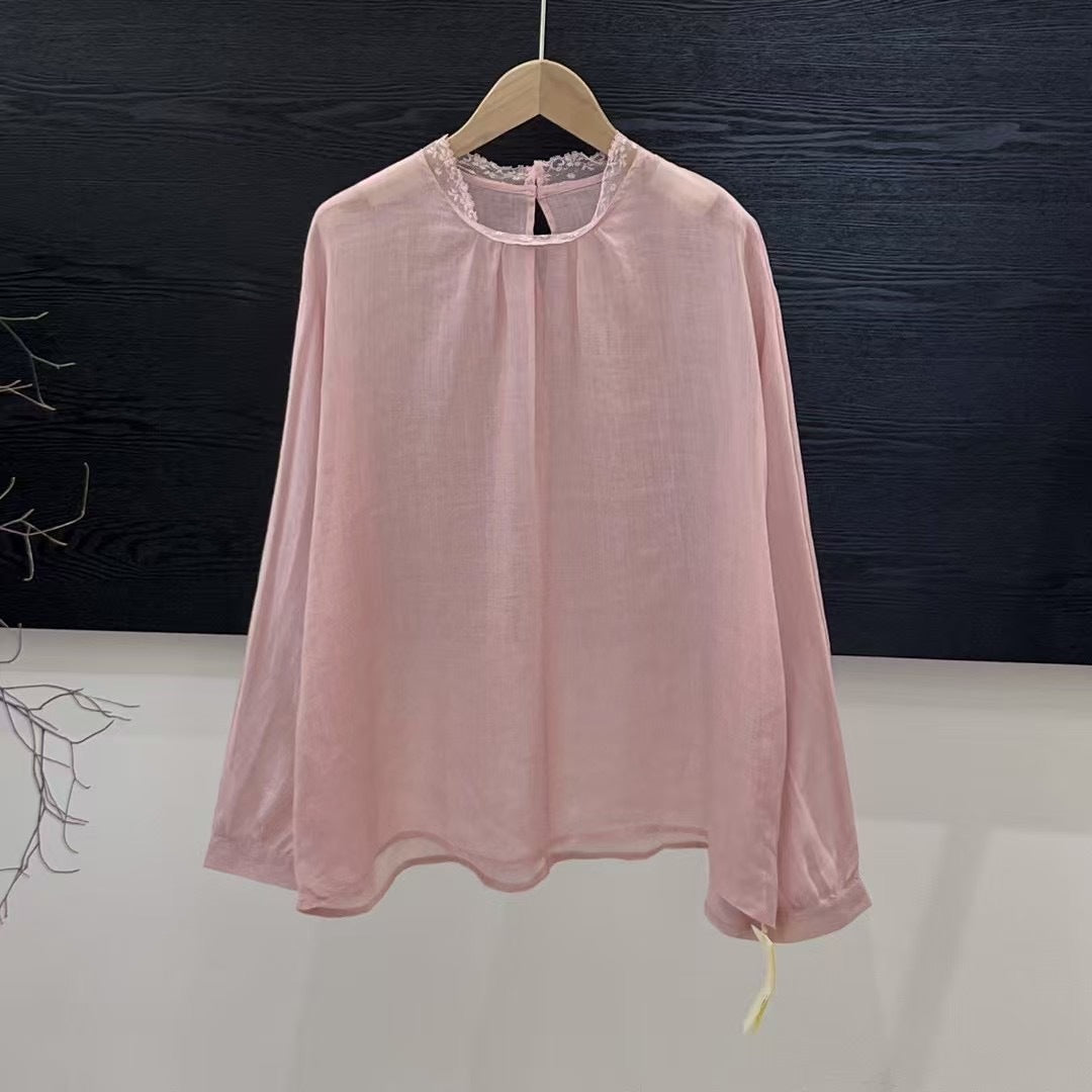 Femme Elegante Gennemsigtig Langærmet Bluse med Spidsapplikationer Stilla