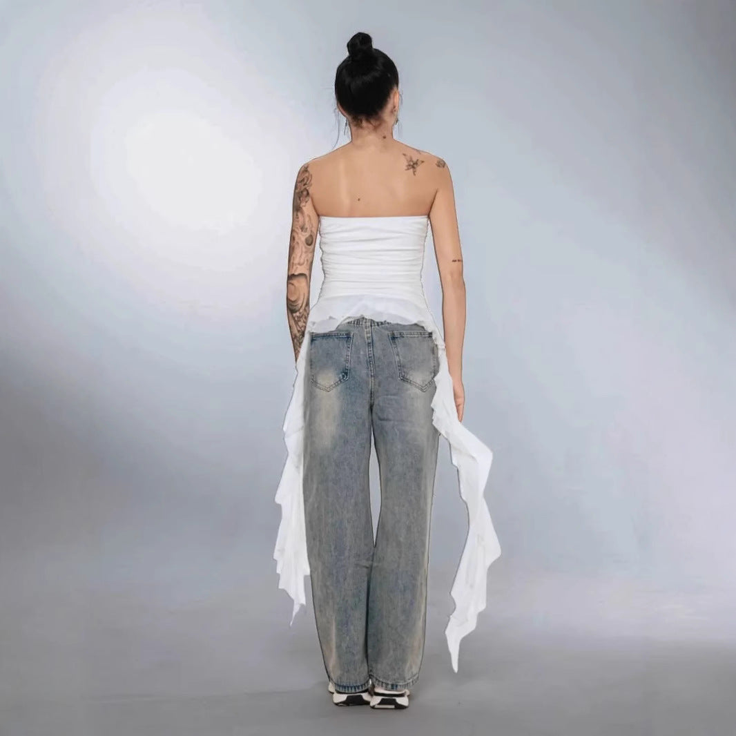 Dame figursyet Top med asymmetrisk flæser og elegante draperinger Stilla
