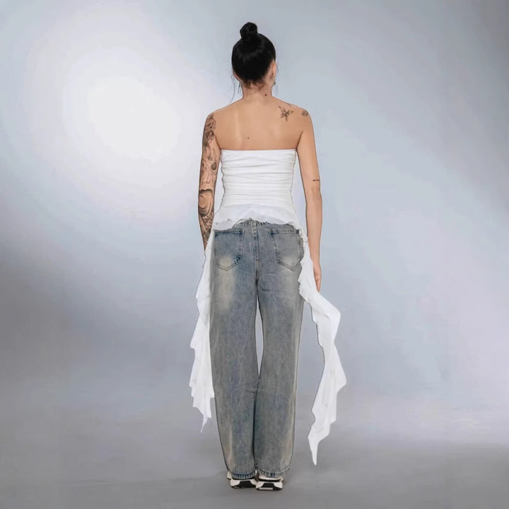 Dame figursyet Top med asymmetrisk flæser og elegante draperinger Stilla