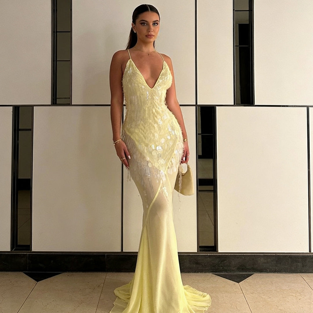 Dame Elegant aften kjole med glitrende detaljer og asymmetrisk snit Skovae
