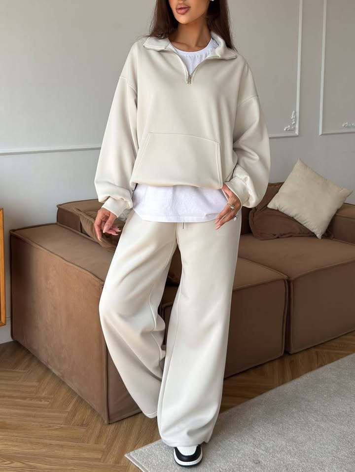 Dame behagelig og stilfuld fleece-pullover med halv lynlås og løse bukser Stilla