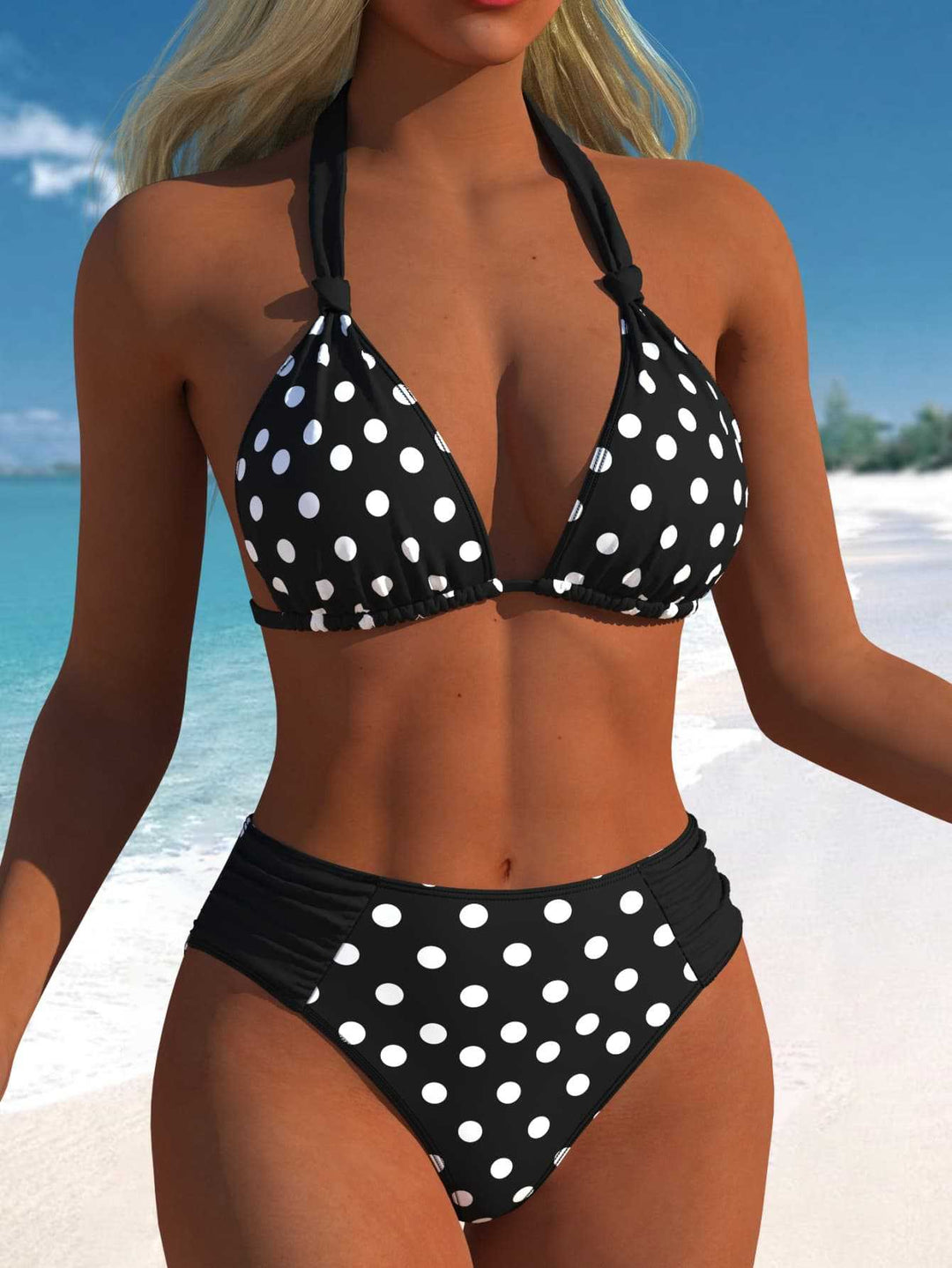 Dame Højskåret Triangel-Bikini med prikket design og justerbare stropper Skovae