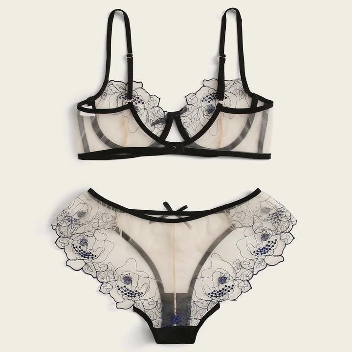Dame Blomsterbroderet Halvgennemsigtigt Undertøjssæt Stilla