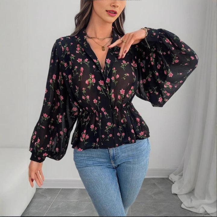 Dame blomsterprintet bluse med puffærmer Stilla
