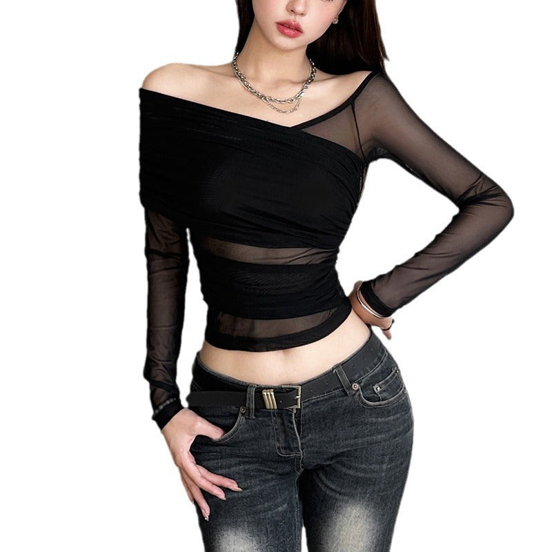 Dame Elegant Transparent Top med asymmetrisk snit og lange ærmer Stilla