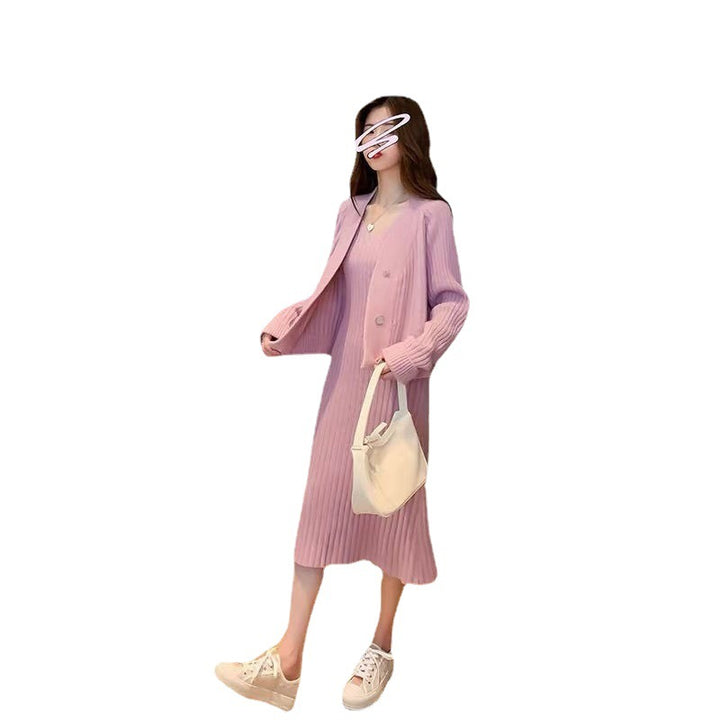 Femme Ribbet Strikkjole og Cardigan Sæt Stilla