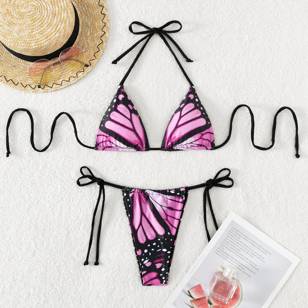 Dame triangel-bikini med sommerfugle-design og justerbare bånd Skovae