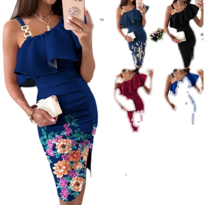 Femme Elegante Rynke En-Skulder Kjole Stilla