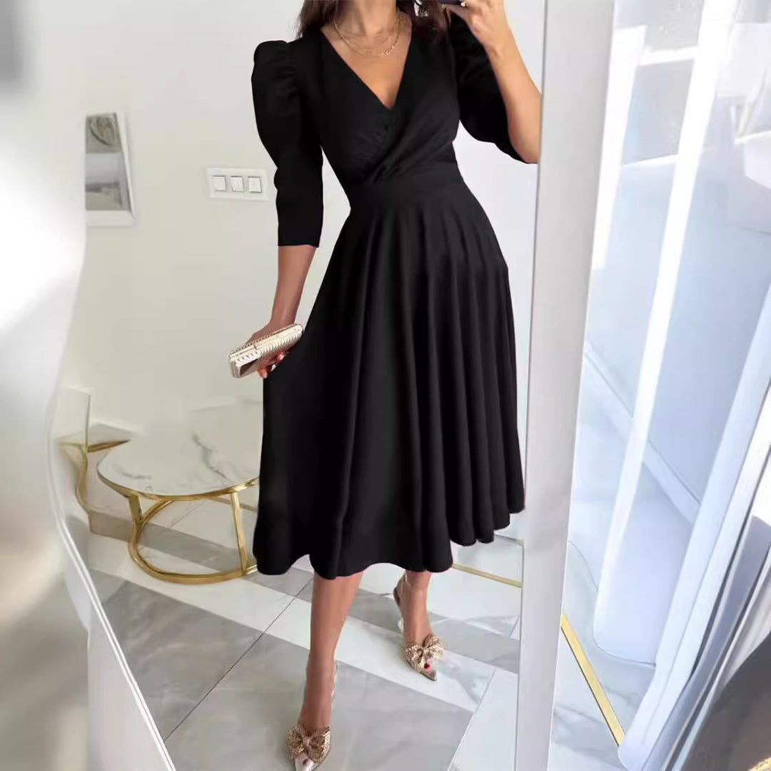 Dame Elegant Wrap Kjole med Puffærmer og Flydende Skørt Stilla