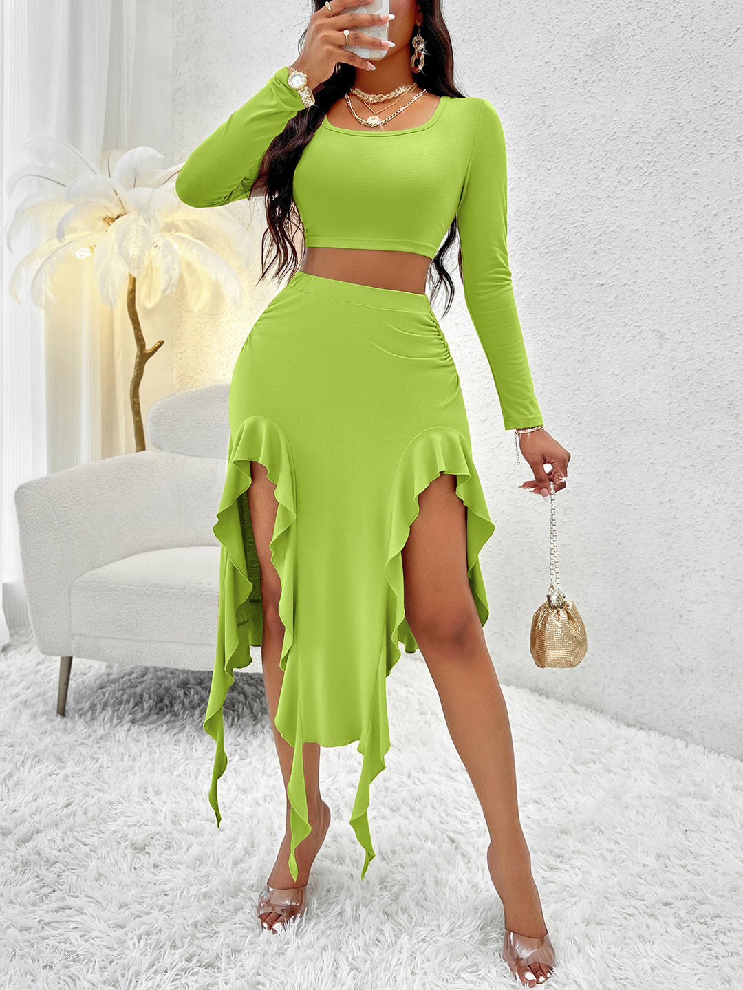 Dame Elegant top med asymmetrisk nederdel og rynk Stilla