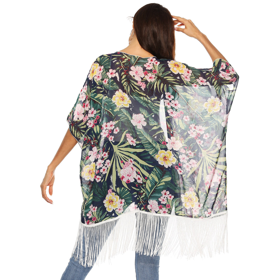 Dame elegant Strandkimono med frynset accenter og blomsterdesign Stilla
