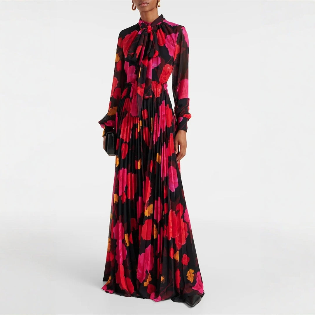 Dame maxikjole med chic blomsterprint og elegant opretstående krave Skovae