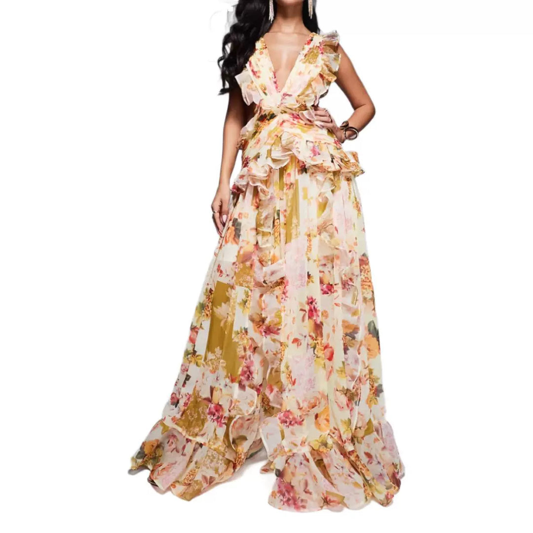 Damer Elegant Maxi Kjole med Blomster Flæser og Dyb V-Udskæring