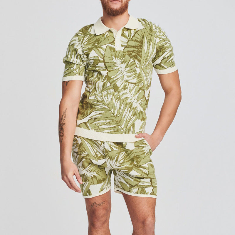 Herrer Polo-Shirt og Shorts Sæt i tropisk bladdesign Stilla