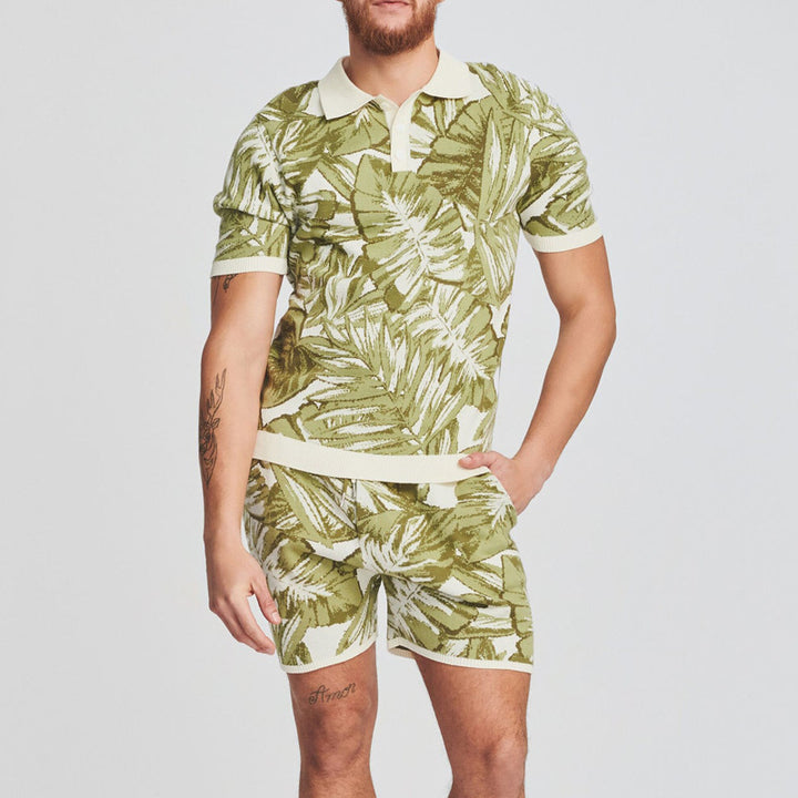 Herrer Polo-Shirt og Shorts Sæt i tropisk bladdesign Stilla
