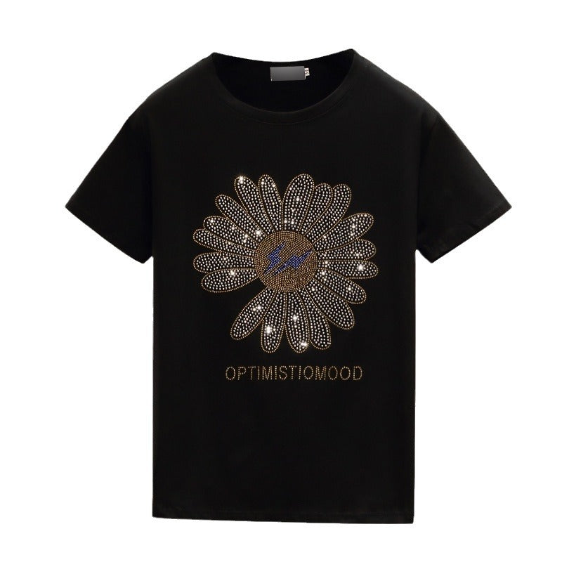 Dame T-shirt med kreativ glimmer-blomstermotiv og inspirerende tekst Stilla