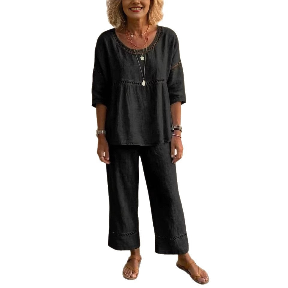 Kvinders komplette loungewear sæt lavet af linned med luftig pasform og blonde detaljer Skovae