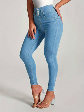 Dame højtaljede skinny jeans med moderne knaplukning og strækbar pasform Stilla