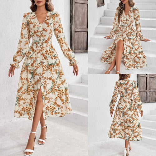 Dame Maxikjole med florale accenter og elegant slids Stilla
