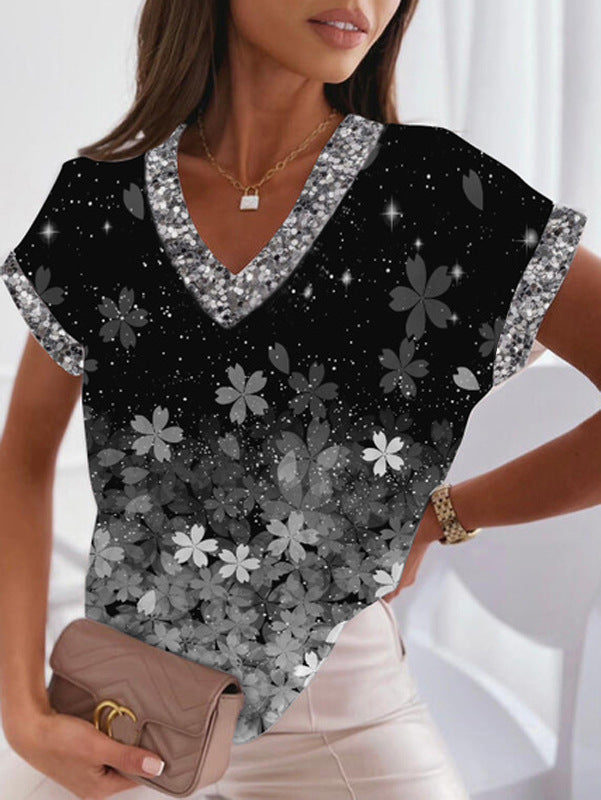 Stilla | Trendy Print V-Hals Batwing Ærme T-shirt