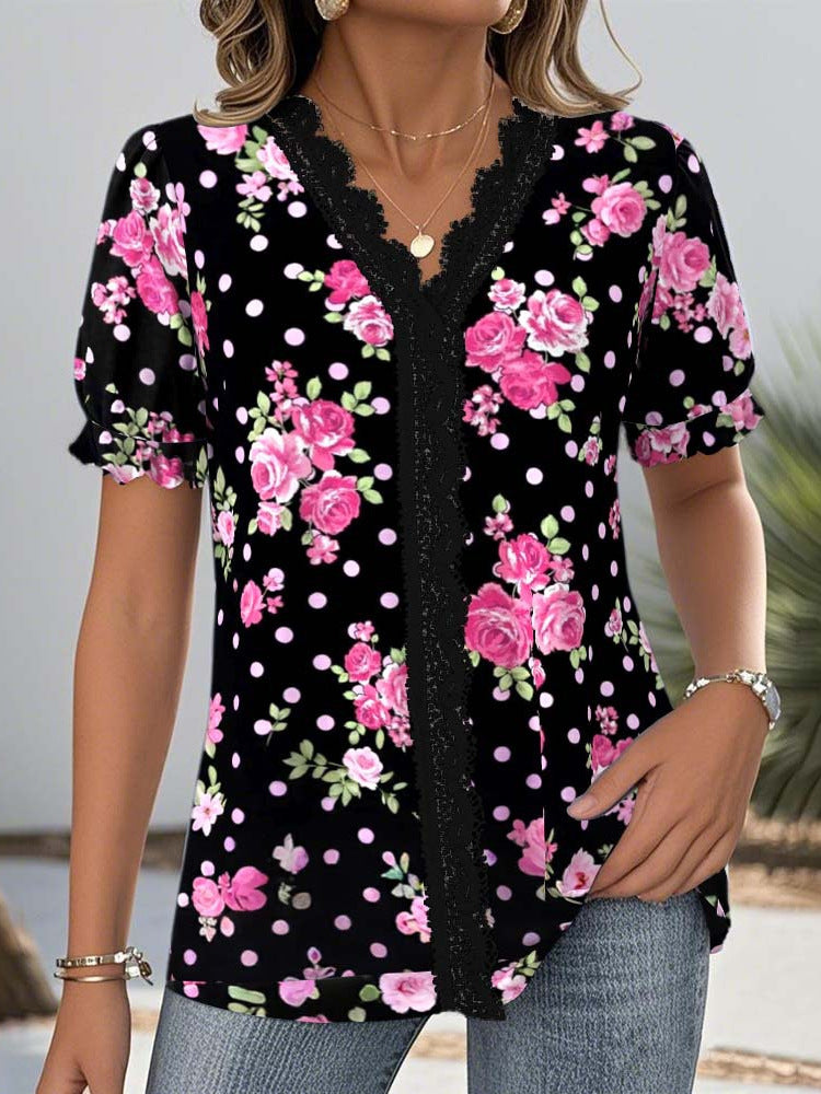 Dame bluse skjorte med blomstret design og feminine spidsaccentuer Stilla