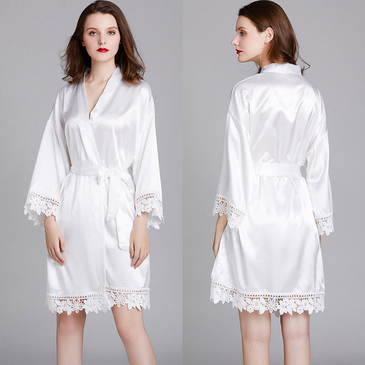 Dame luksus Satin Kimono Morgenkåbe med fine spids detaljer Stilla
