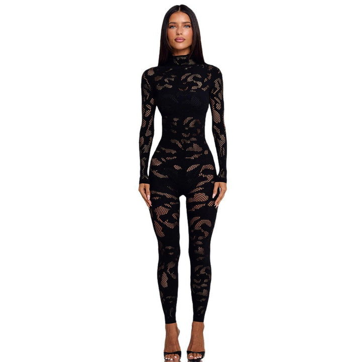 Dame Figurnær Net-Jumpsuit med lange ærmer og høj krave Skovae