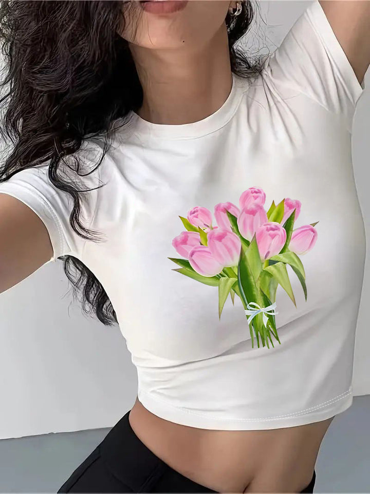 Dame Crop-T-Shirt med kreativ cocktail-design Skovae