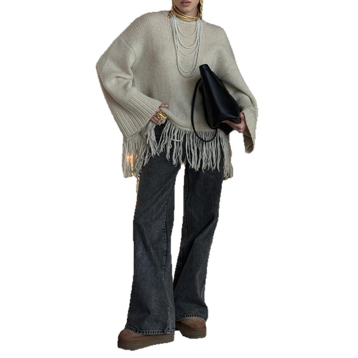 Kvindes Fashionable Strikket Sweater med Frynser Stilla
