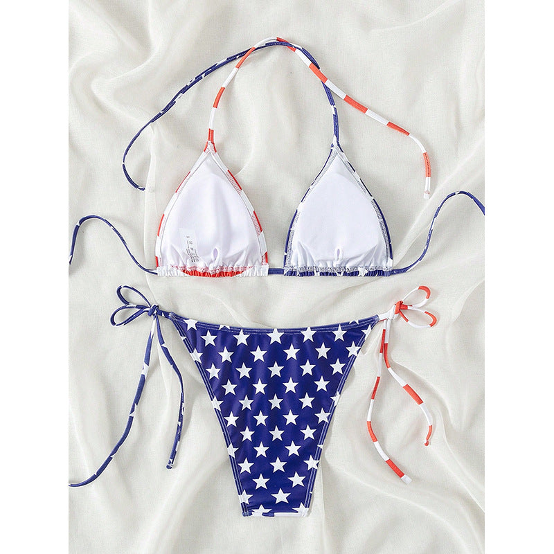 Dame triangel-bikini med justerbare sløjfer og patriotisk design Skovae