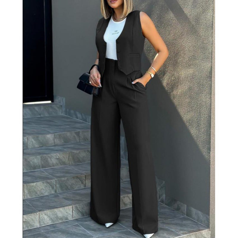 Dame stilfuld to-delt sæt med elegant ærmeløs blazer og bred bukseben Stilla