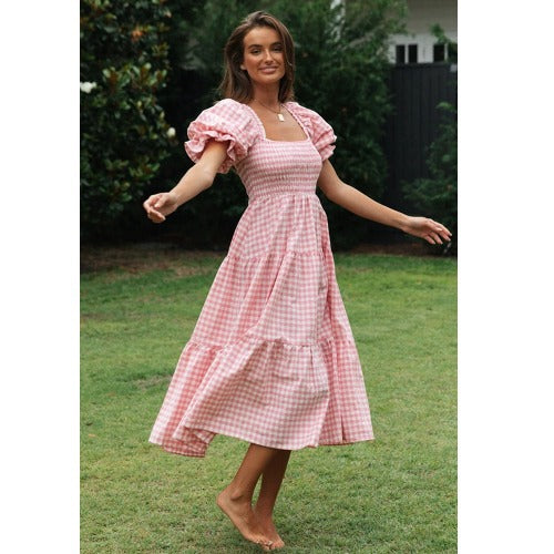 Dame Stufen-Gingham Midi Kjole med Puffærmer Stilla