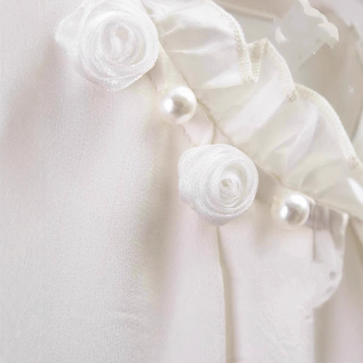 Dame Elegant Bluse med Flæsedetaljer og PerleacCenter Stilla