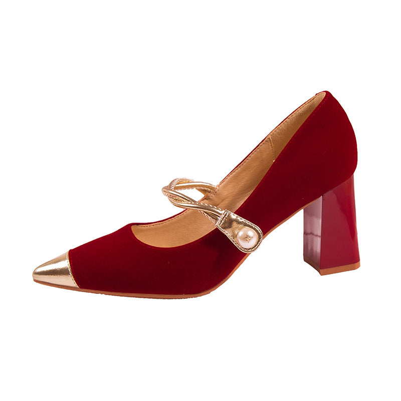 Kvinder Elegante Spids-Toe Blokhælhøjhæle Mary Jane Pumps med Dekorativ Rem Stilla