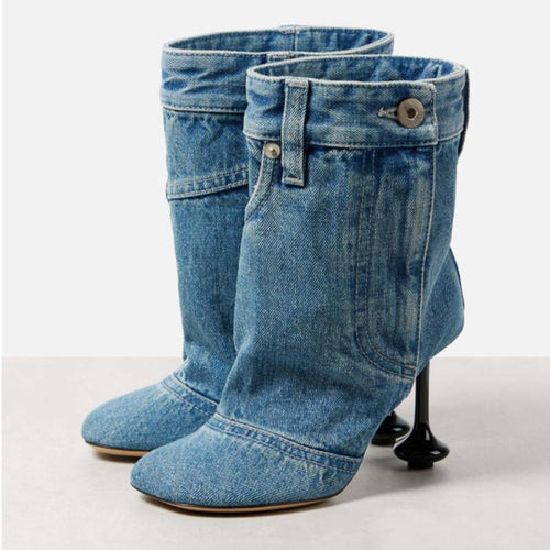Dame High-Heel Denim Støvler med skulptureret hæl Stilla