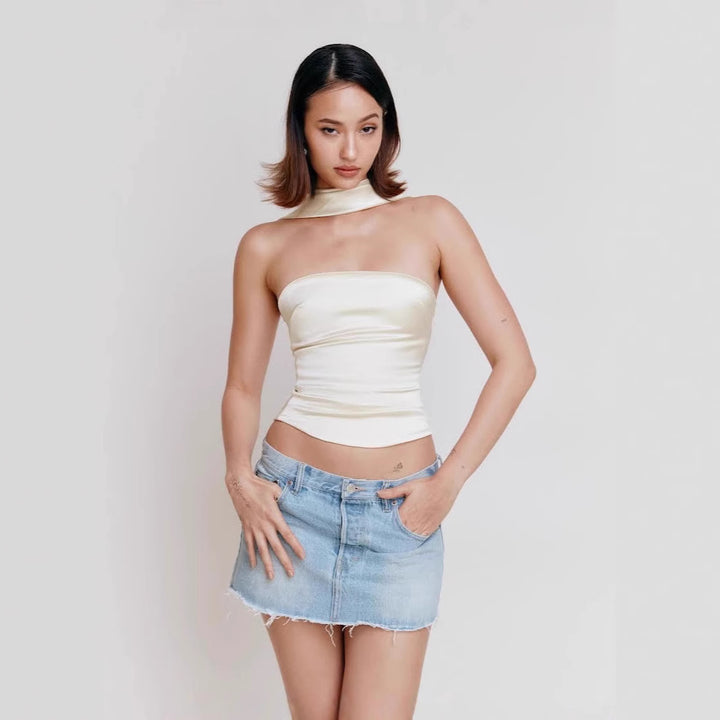 Femme Elegante Stropløse Satin-top med Choker Stilla