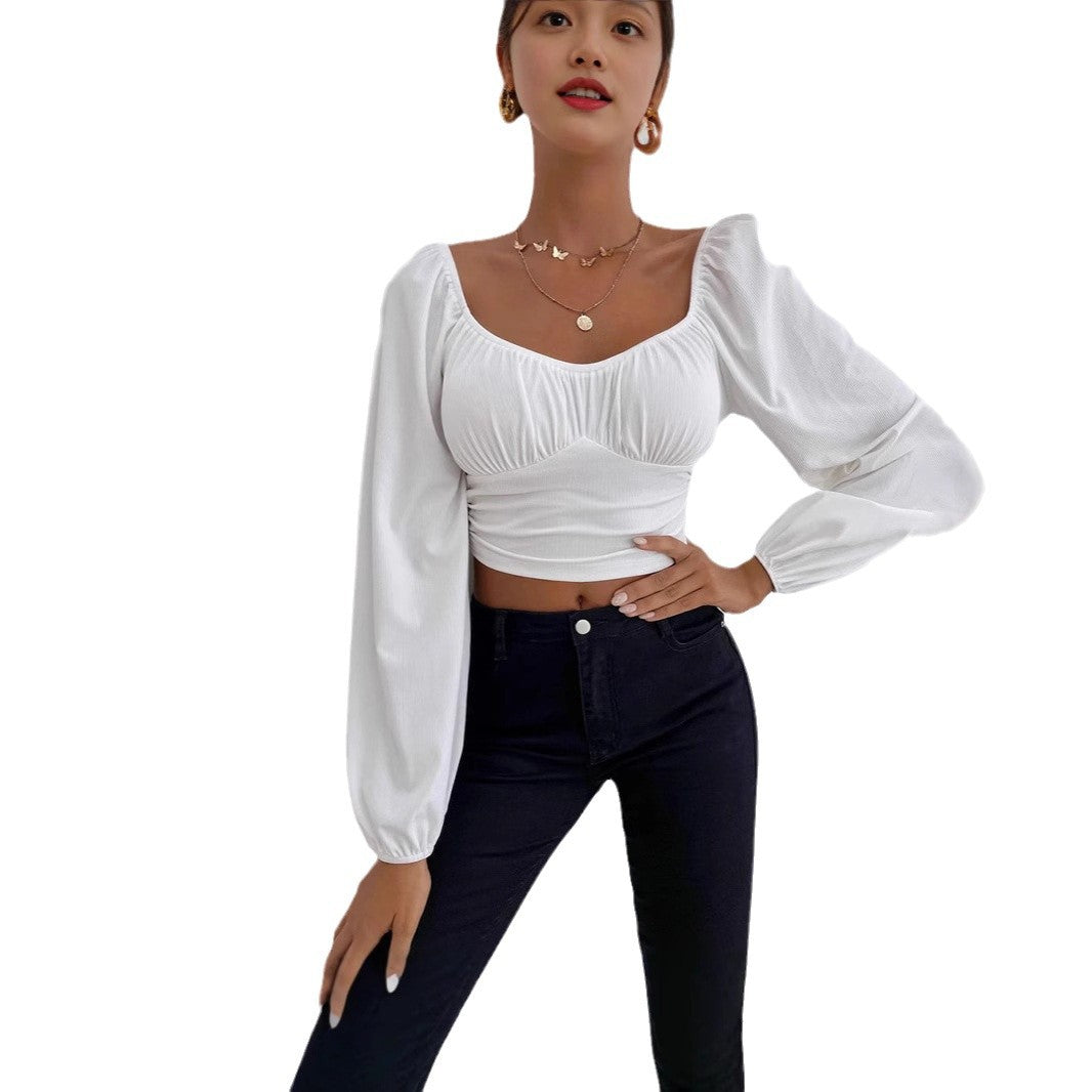 Dame Vedligeholdelsesvenlig Crop-Top med Puffærmer og dekorativ Rynkning Stilla